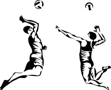 Plaj voleybolu oyuncuları - stilize siyah beyaz vektör çizim
