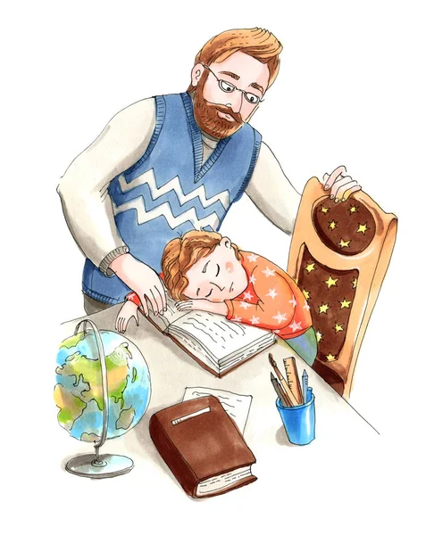 Color Marker Illustration Father Looking His Sleeping Son Home Education — Stock Photo, Image