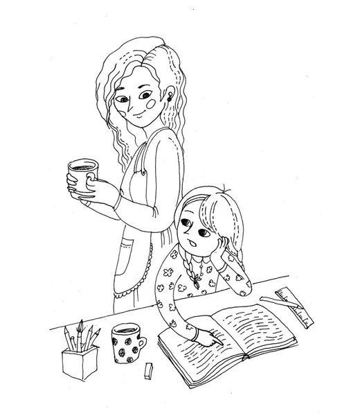 Illustrazione Bianco Nero Libro Colorare Una Bambina Che Chiede Qualcosa — Foto Stock