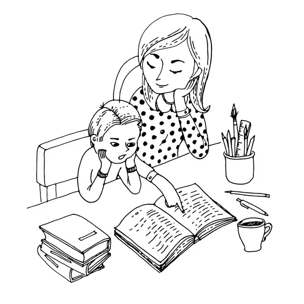 着色书的黑白矢量插图 母亲教她的小儿子 家庭教育 — 图库矢量图片