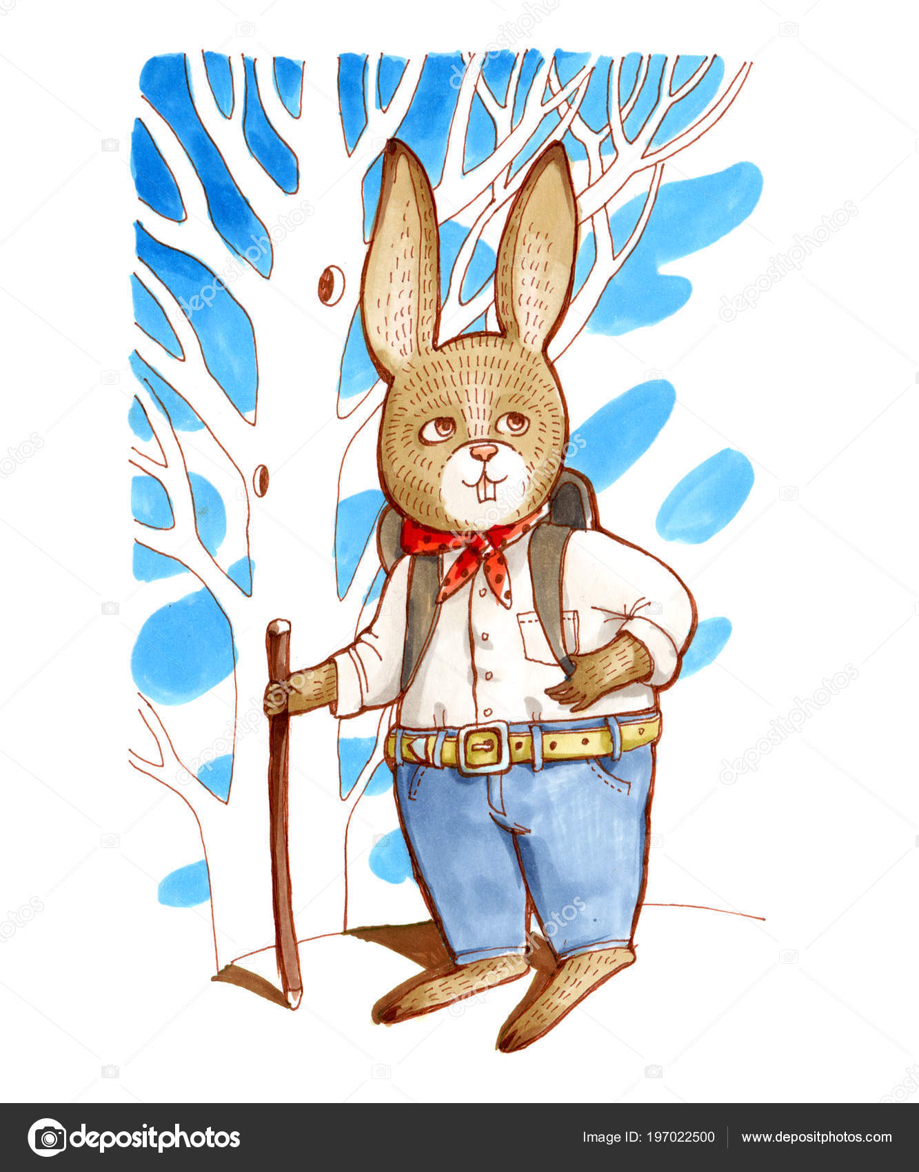 Raster Color Illustration Humanized Animal Rabbit Shirt Jeans Stands ...