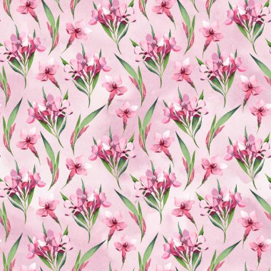 Sulu boya resim. Sulu boya Dikişsiz desen pembe çiçek ve hafif pembe splash arka plan üzerinde yeşil yaprakları.