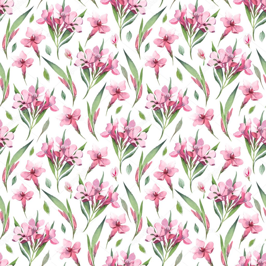 Watercolor illustration. Watercolor seamless pattern of pink flowers and green leaves on white background.