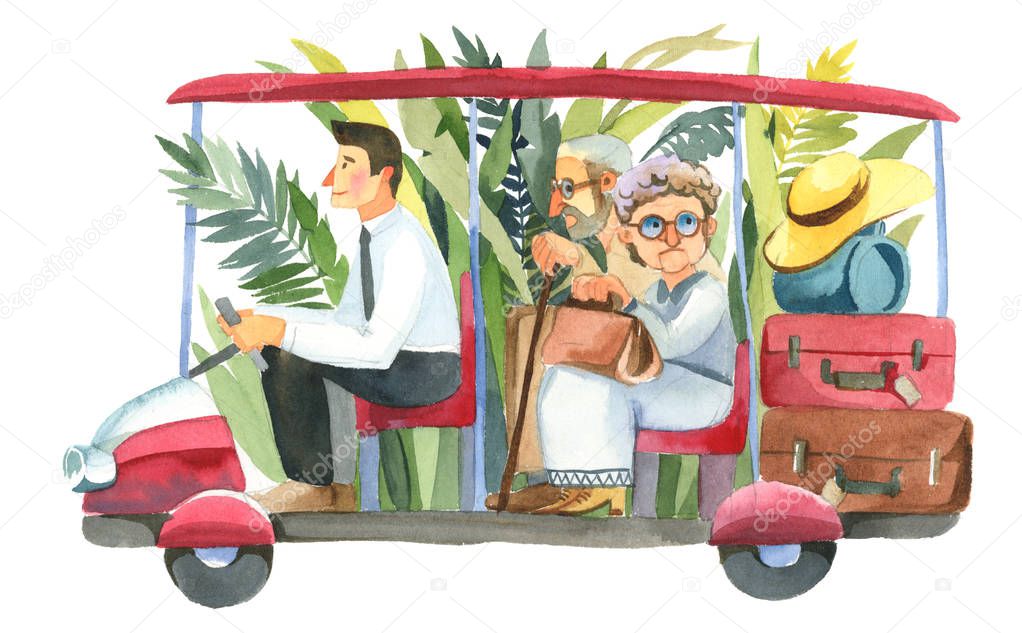 watercolor red electric car with green tropical leaves. The hotel driver is carrying a cople of old spouses with suitcases