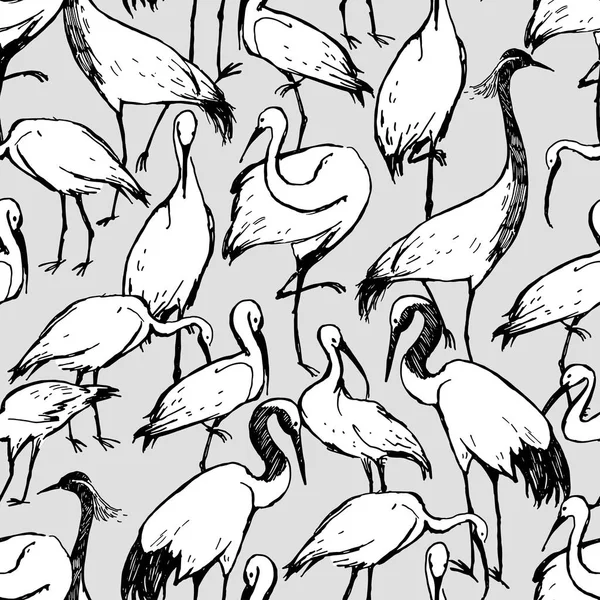 Dibujo Vectorial Ilustración Pluma Patrón Inconsútil Blanco Negro Cigüeña Aves — Vector de stock