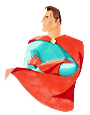 Watercolor illustration. The superhero in profile is standing with fluttering red coat clipart