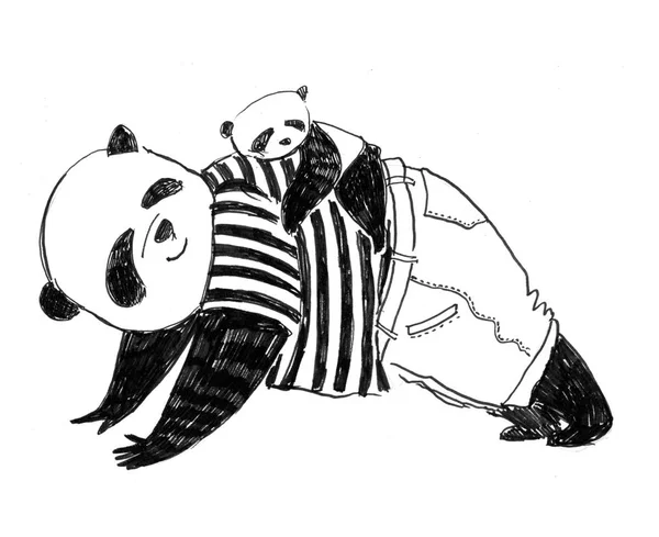 Watercolor and marker illustration. Father panda in black and white t-shirt is training or make some exercise and his little son is sleeping on his back