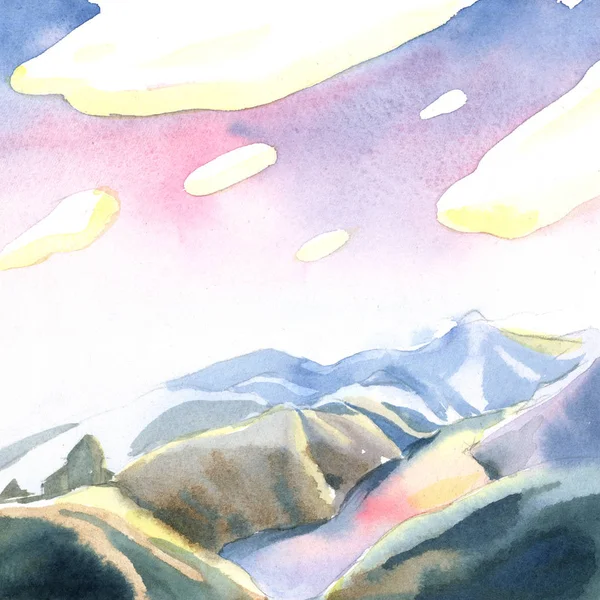 Акварельна Ілюстрація Ізольована Білому Тлі Барвистий Пейзаж Небом Хмарами Горами — стокове фото