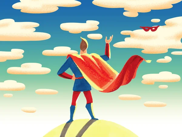 水彩イラスト スーパー ヒーローは彼の後ろに立って 空と雲の背景に彼の赤いマスクを投げ — ストック写真
