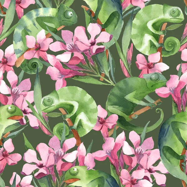 Aquarell Illustration Nahtloses Muster Aus Einfachen Grünen Chamäleons Auf Dem — Stockfoto