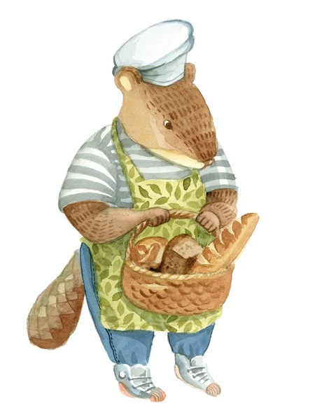 水彩插图 贝克海狸在围裙举行篮子与面包 — 图库照片