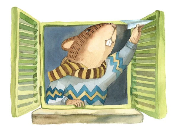 Watercolor Illustration Beaver Sweater Launch Paper Plane Window — Stock Photo, Image