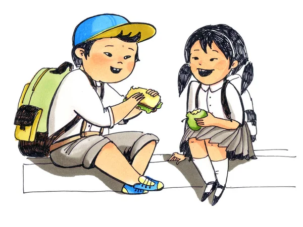 Raster Ilustração Cor Menino Menina Japonesa Sentam Fronteira Almoçam — Fotografia de Stock
