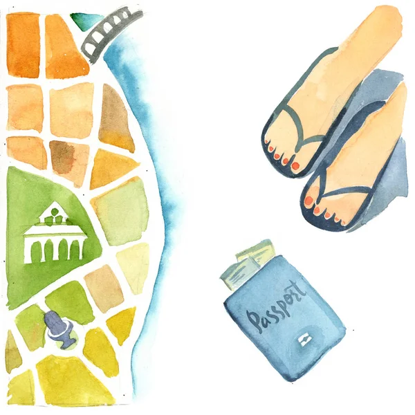 Watercolor illustration isolated on white background.  The colorful map of the unnamed city with the beach and seaside, top view on feet and passport drawing in kids stile