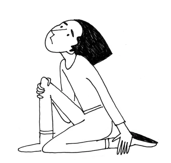Pen Black White Sketch Boy Who Sits Ground Looks Sky — Stock Photo, Image