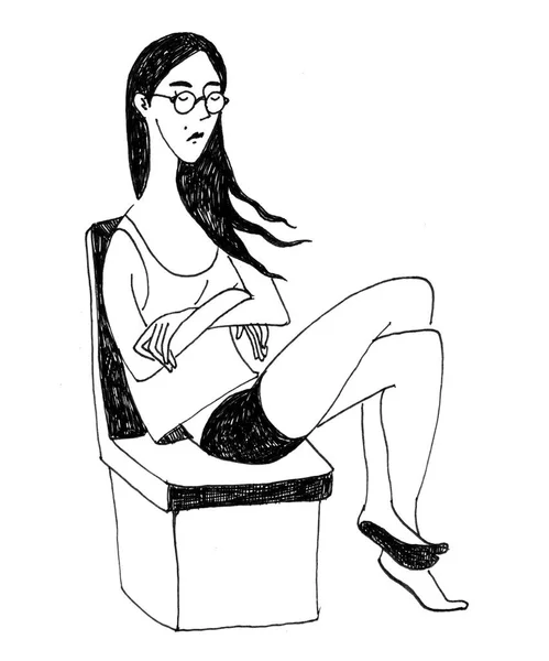 Croquis Noir Blanc Fille Avec Des Lunettes Assoit Sur Chaise — Photo