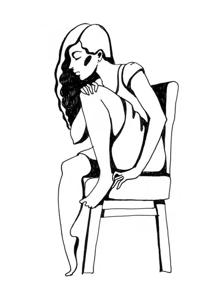 Черно Белый Рисунок Девушки Закрытыми Глазами Сидящей Стуле — стоковое фото