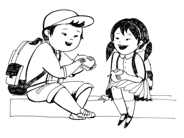 Raster monochrome illustration for coloring book. The little japanese boy and girl sit on the border and have a lunch