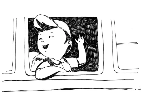 Raster Monochrome Illustration Coloring Book Little Japanese Boy Goes Bus — Stock Photo, Image