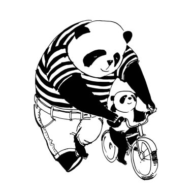 Vektör çizim. Babası panda içinde siyah ve beyaz t-shirt bisiklet tarafından onun küçük oğlu panda Bisiklete binme öğretiyor