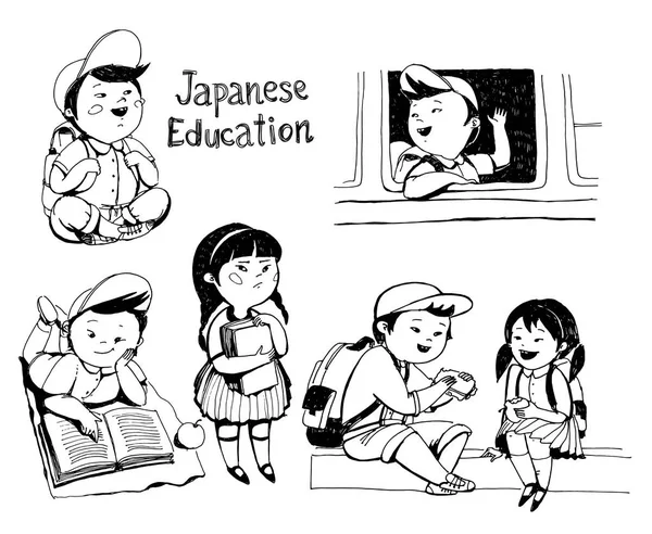 Černobílé Ilustrace Vektorové Omalovánky Škola Života Japonských Dětí Chlapeček Japonské — Stockový vektor