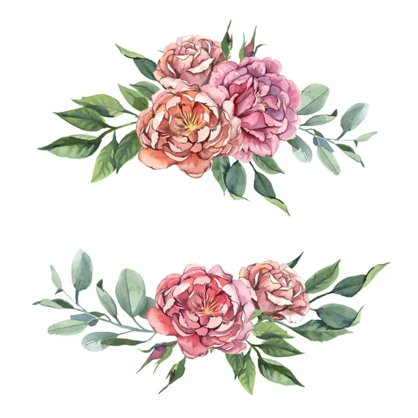 水彩イラスト バラと緑の水平の花輪の結婚式やグリーティング カード 上の葉し 下のフレームに花を白い背景の分離 — ストック写真
