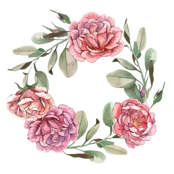 Watercolor Illustration Horizontal Wreath Roses Green Leaves Wedding Greeting Cards — Stock Photo, Image