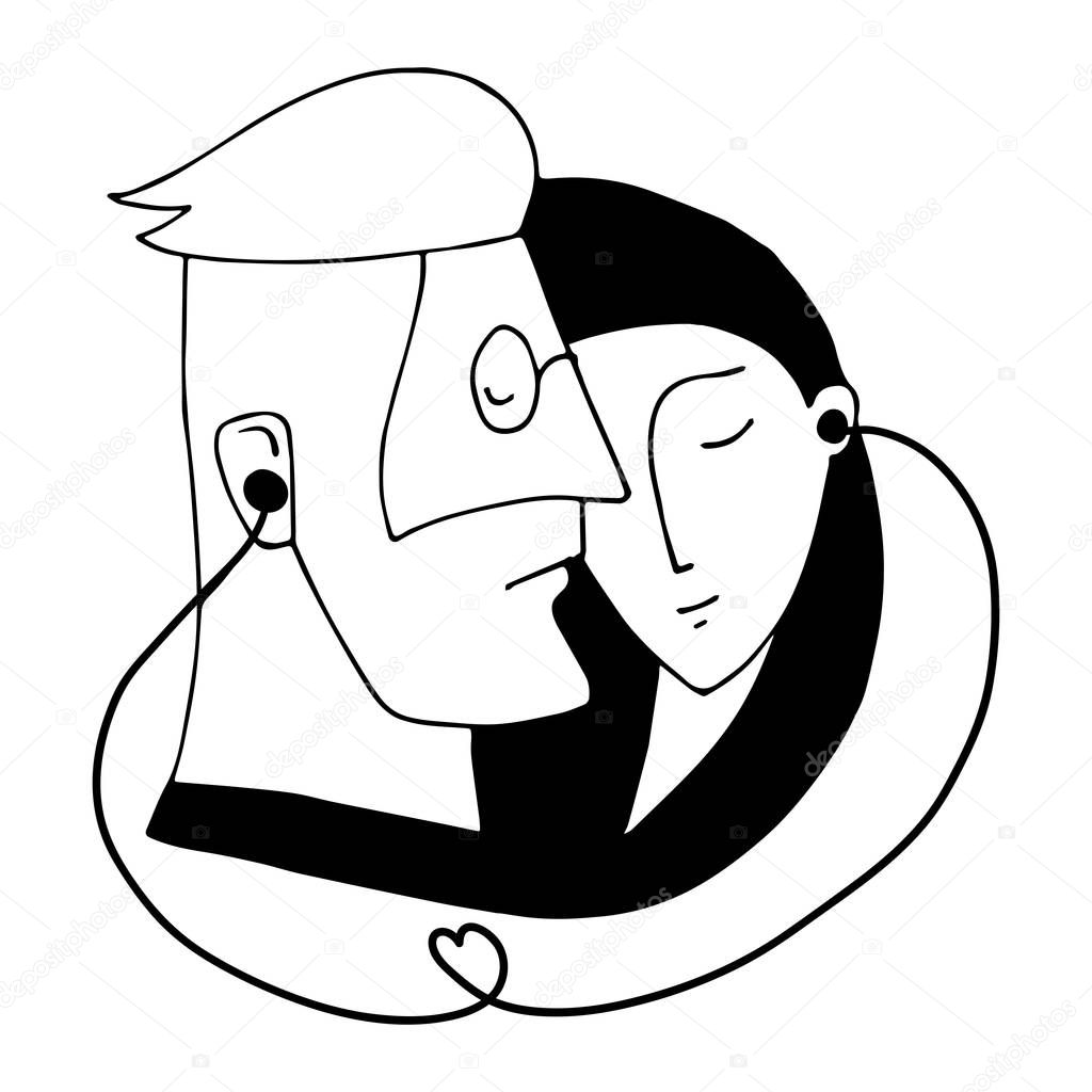 Portrait of couple who listen to music by one pair of headphones for two, simply vector graphic illustration of man and woman, who loves each other