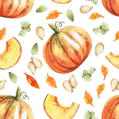 Beyaz zemin üzerine suluboya seamless modeli. Pupmkin, tohum ve yaprakları sonbahar dokular ve Şükran günü için