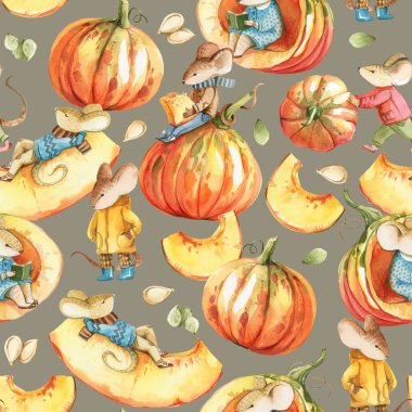 Sulu boya Dikişsiz desen gri arka plan üzerinde. Cloudthes, pupmkin, tohum Şükran günü ve sonbahar dokular için giyiyor fareler