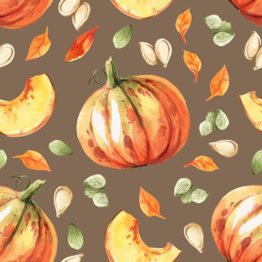 Koyu arka plan üzerine suluboya seamless modeli. Pupmkin, tohum ve yaprakları sonbahar dokular ve Şükran günü için