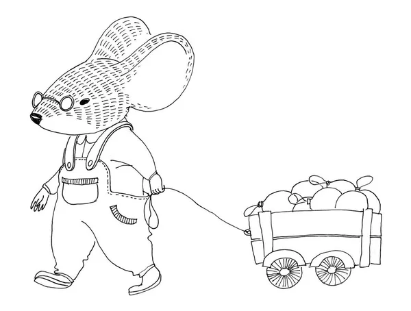 Pen outline illustration. Cute animal like humans. Humanized animal. A little mouse is going with toy track full of christmas balls