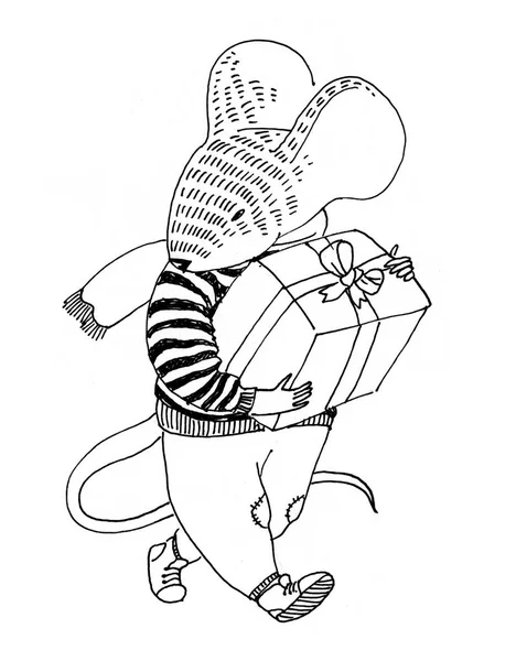 Pen outline illustration. Cute animal like humans. Humanized animal. A mouse in sweater and pants is going with gift box