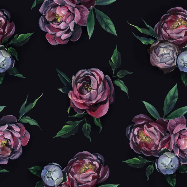 Oil or pastel drawing. Seamless pattern of different peony flowers and leaves on dark blue background. Flowers drawing in old style