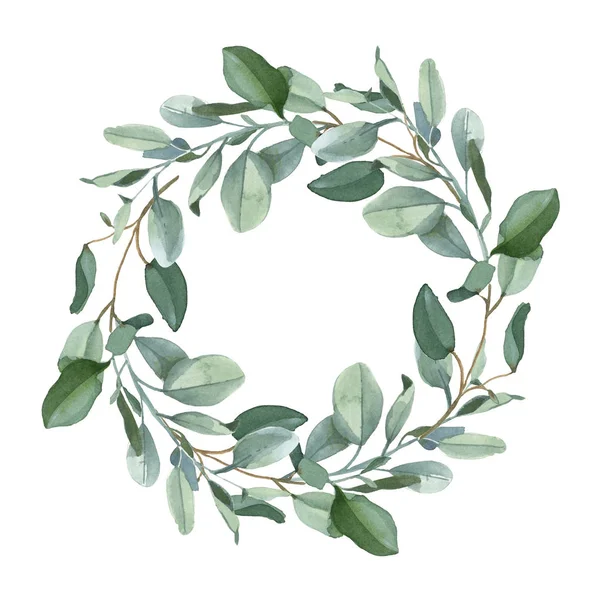 Watercolor Illustration Wreath Green Eucalypt Leaves Isolated White Background Wedding — Stock Photo, Image