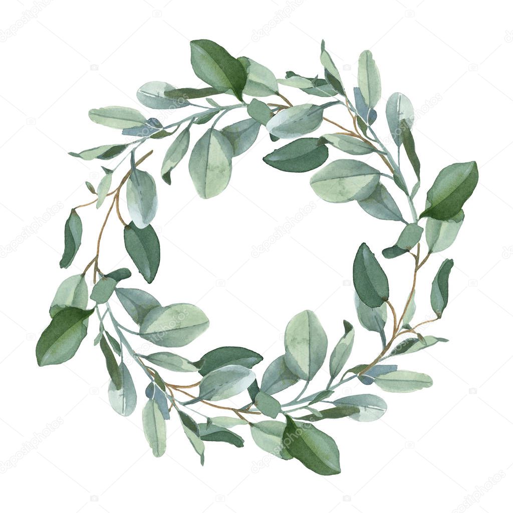 Watercolor illustration. Wreath of green eucalypt leaves isolated on white background for wedding and greeting cards in boho or rustic style
