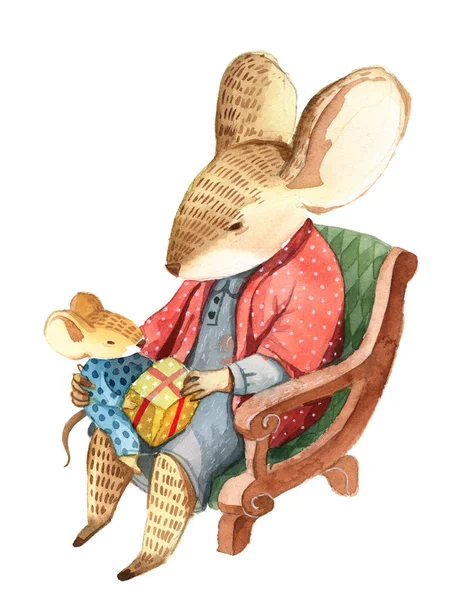 Akvarelu Ilustrace Roztomilé Zvíře Jako Lidé Zlidštění Zvíře Dospělá Myš — Stock fotografie