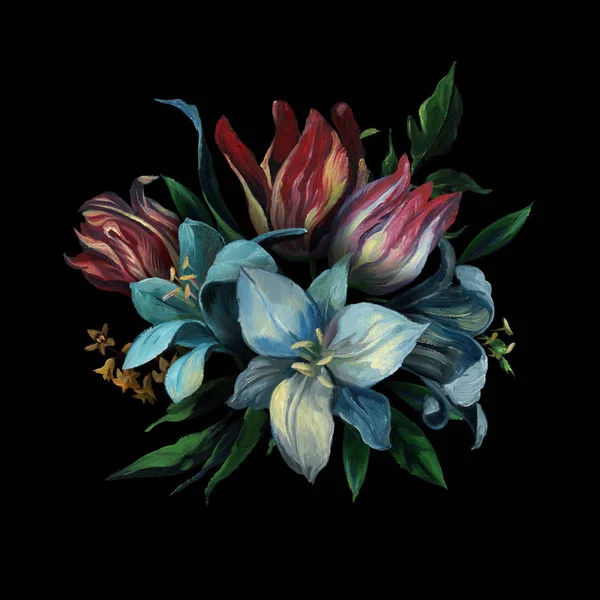 Λάδι Παστέλ Σχέδιο Μπουκέτο Διάφορα Λουλούδια Και Φύλλα Σκούρο Φόντο — Φωτογραφία Αρχείου