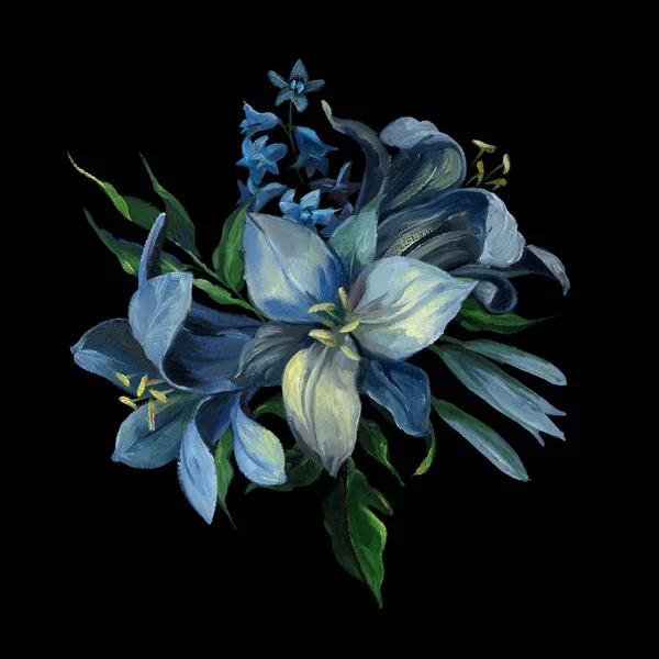 Oil or pastel drawing. Bouquet of blue different flowers and leaves on dark blue background for greeting and wedding cards. Flowers drawing in old style