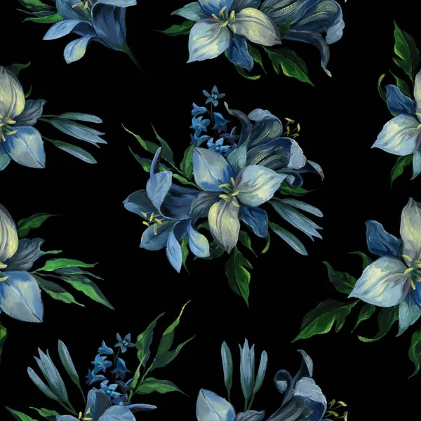 Oil or pastel drawing. Seamless pattern of blue different flowers and leaves on dark blue background for greeting and wedding cards. Flowers drawing in old style