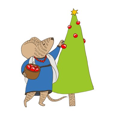 Vektör çizim. Sevimli hayvan insanlar gibi. İnsanlaşmış hayvan. Giyinmiş fare kırmızı topları ile Noel ağacı süsle