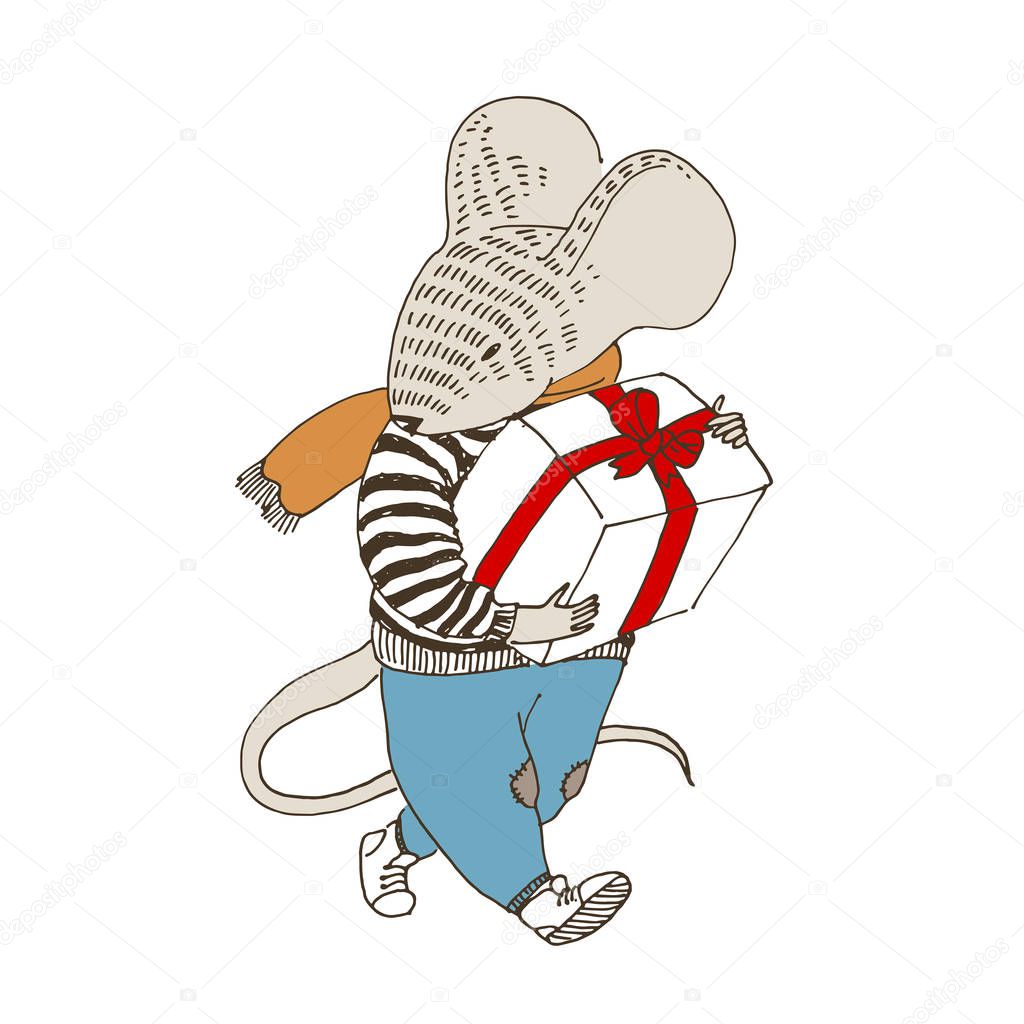 Vector illustration. Cute animal like humans. Humanized animal. A mouse in sweater and pants is going with red gift box