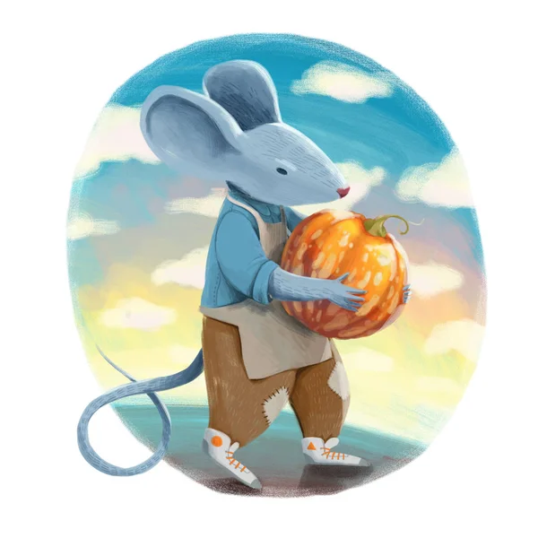 Digital Raster Illustration Isolated White Background Gray Mouse Blue Jacket — Stock Photo, Image