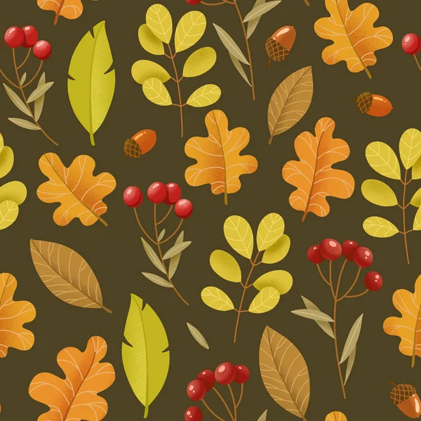 Digitale Illustration Helles Nahtloses Herbstmuster Blätter Und Rote Beeren Auf — Stockfoto
