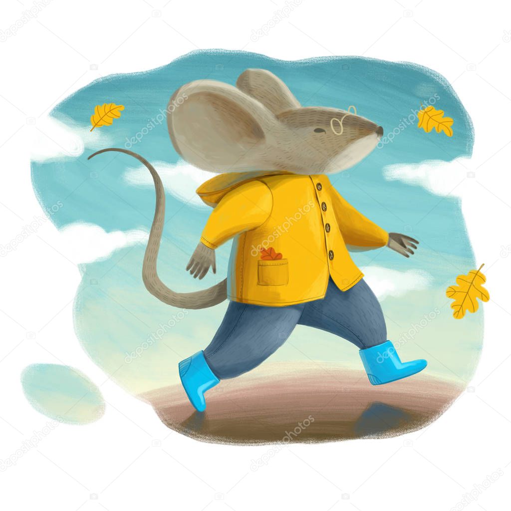 Digital painting on white background. A mouse in a yellow coat and blue boots runs on the sky blue background