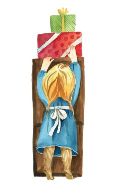Watercolor  illustration. Back view of the little girl, who reaches for the gifts on the shelf isolated on white background clipart