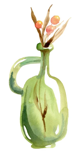 Akwarela Ilustracja Zielony Winorośli Retro Butelkę Bukietem Jagody Suchych Liści — Zdjęcie stockowe