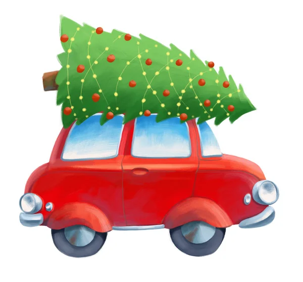 Christmas New Year Illustration Retro Red Car Green Christmas Tree — Stock Photo, Image