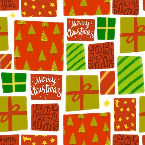 Digital Illustration Seamless Pattern Different Gift Boxes Red Green Paper — Stock Photo, Image