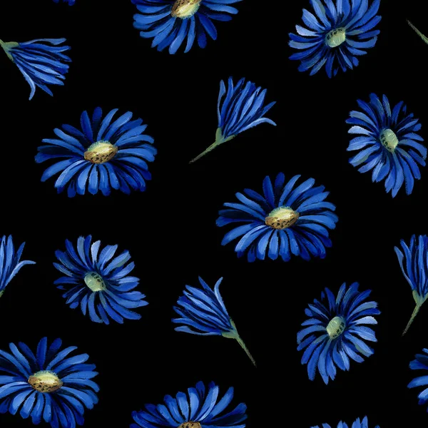 Масляний Або Пастельний Малюнок Безшовний Візерунок Синіх Квітів Листя Темно — стокове фото